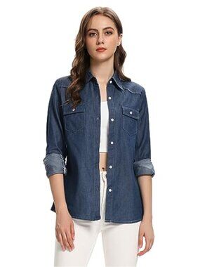 Women's Classic-Fit Long Sleeve Denim Button Down Shirt with Pockets